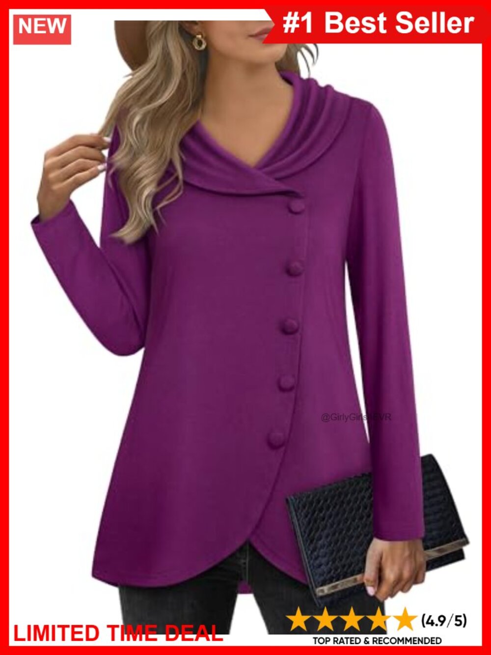 Womens Long Sleeve Tunic Sweatshirt Button Side Tulip Hem V-Neck Pullover
